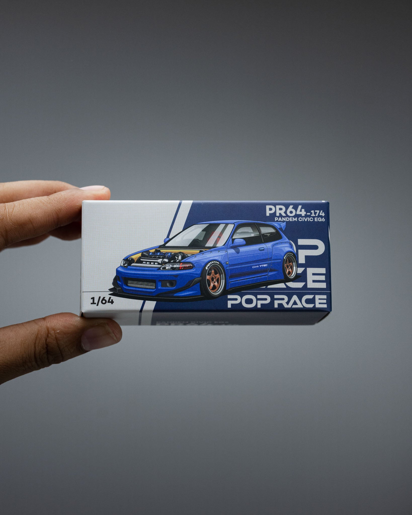 POP RACE 1:64 PANDEM CIVIC EG6 METALLIC BLUE WITH OPEN HOOD PR640174