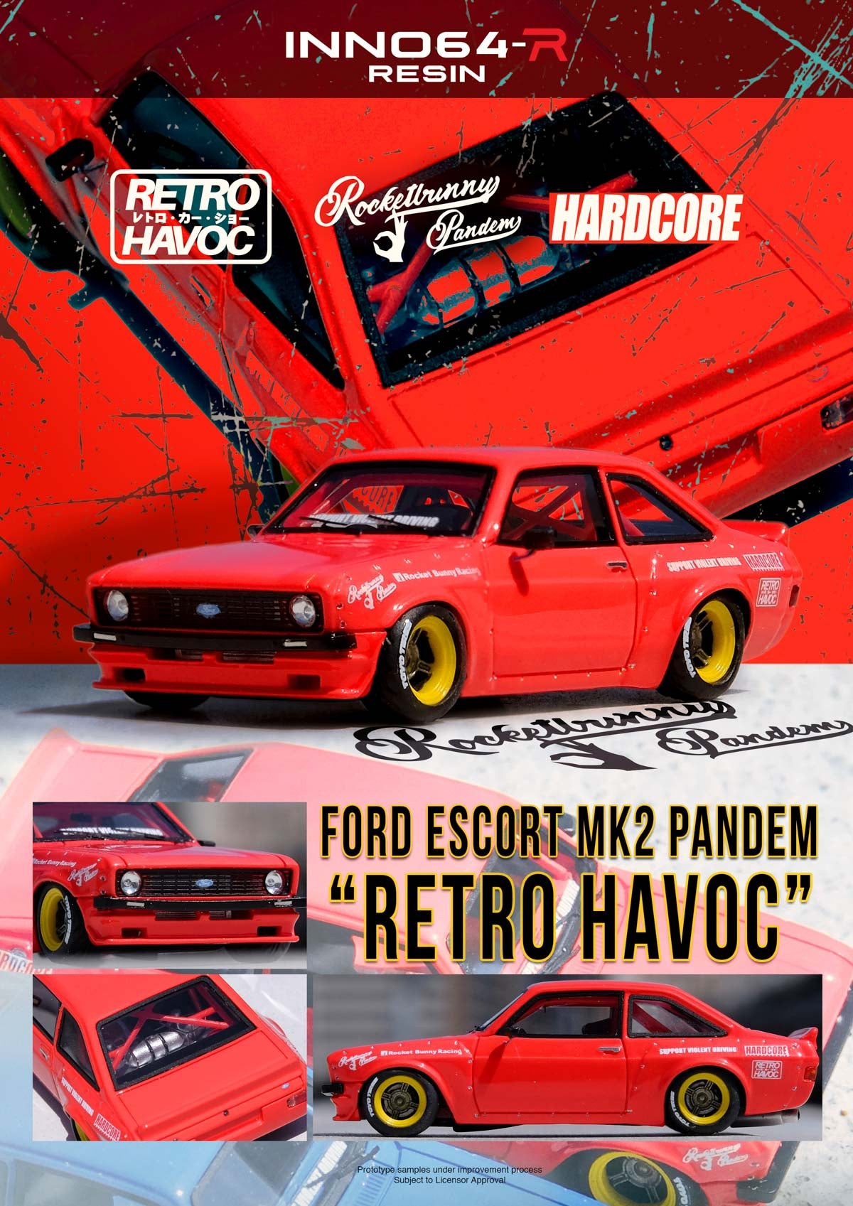 INNO64 - 福特 ESCORT MK2 PANDEM "EMOTION" RETRO HAVOC 红色/蓝色 树脂模型