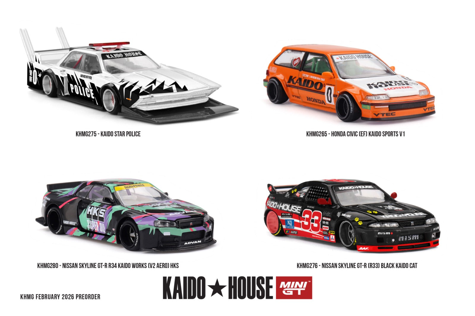 KAIDO HOUSE X MINI GT 1/64 Nissan Skyline GT-R R34 Kaido Works (V2 Aero) HKS