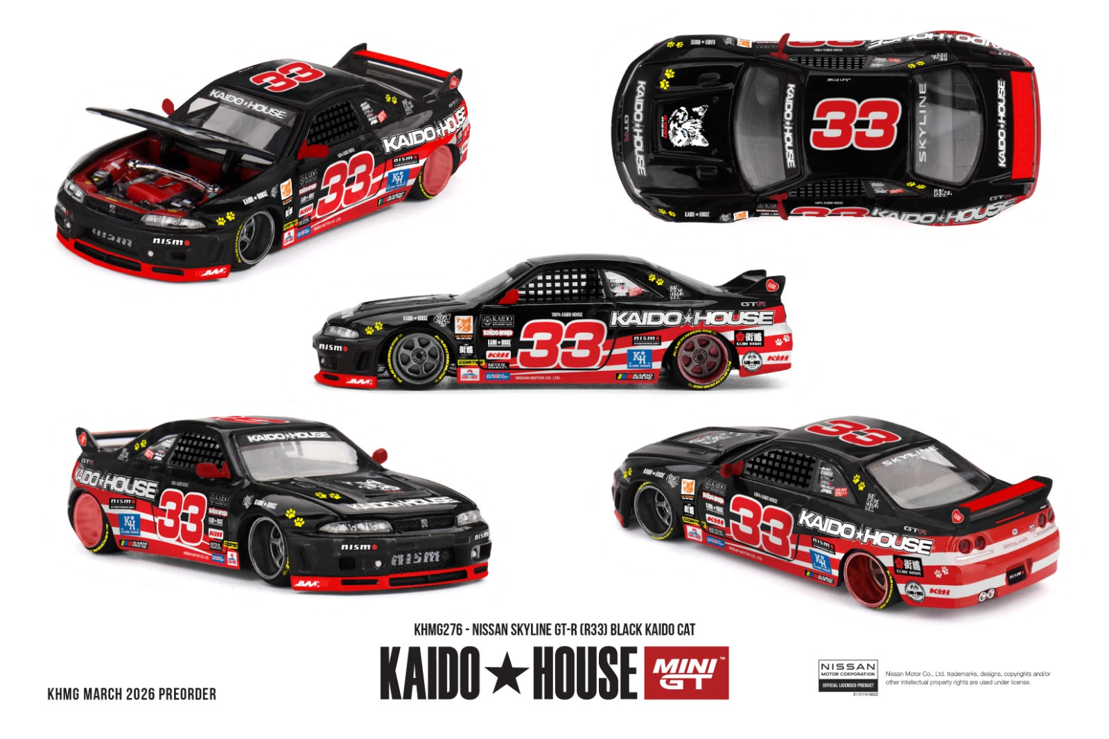 KAIDO HOUSE X MINI GT 1/64 Nissan Skyline GT-R (R33) Black Kaido Cat
