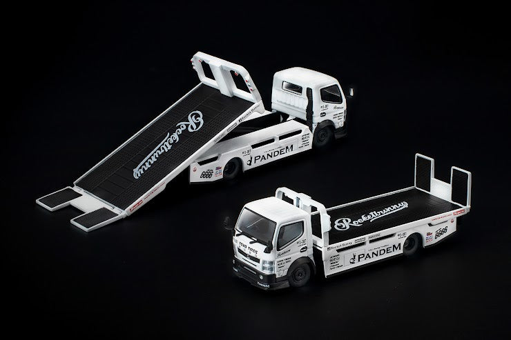 POP RACE 1/64 - PANDEM FUSO 300 FLATBED TRANSPORTER - WHITE NEW TOOLING Moveable Flatbed